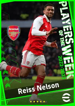 Reiss Nelson eFootball 2026 player card, 91 OVR LWF