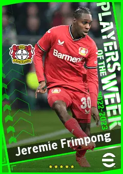 Jeremie Frimpong eFootball 2026 player card, 92 OVR RMF