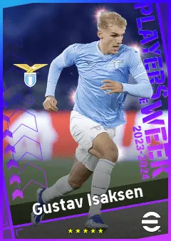 Gustav Isaksen eFootball 2026 player card, 92 OVR RWF