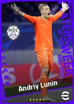 Andriy Lunin eFootball 2026 player card, 91 OVR GK