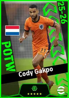 Cody Gakpo eFootball 2026 player card, 95 OVR LWF