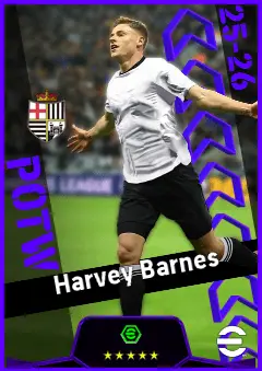 Harvey Barnes eFootball 2026 player card, 93 OVR RWF