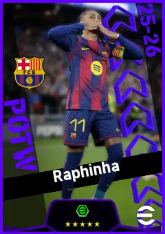 Raphinha eFootball 2026 player card, 96 OVR LWF