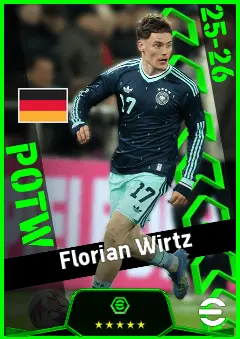 Florian Wirtz eFootball 2026 player card, 96 OVR LWF