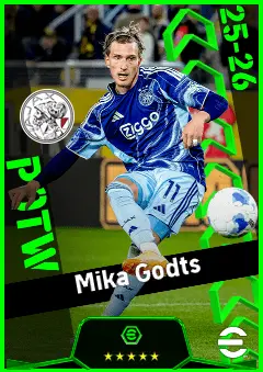 Mika Godts eFootball 2026 player card, 93 OVR LWF