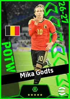 Mika Godts eFootball 2026 player card, 93 OVR LMF