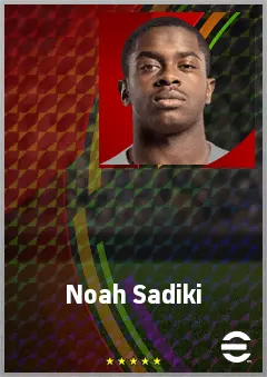 Noah Sadiki eFootball 2026 player card, 73 OVR CMF